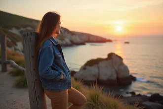 Jeune femme en denim et chinos au coucher de soleil