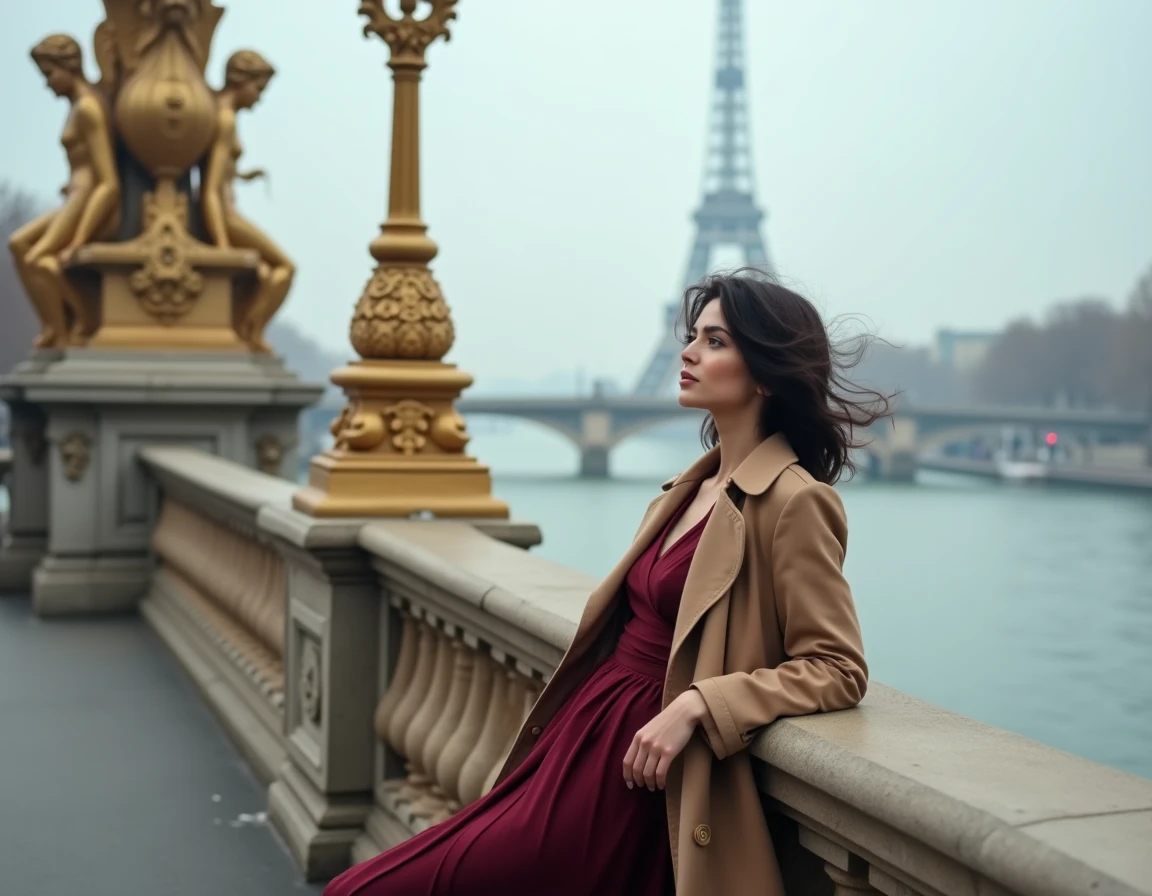 Femme seule appuyée sur le garde-corps doré du Pont Alexandre III à Paris avec la Tour Eiffel en arrière-plan brumeux