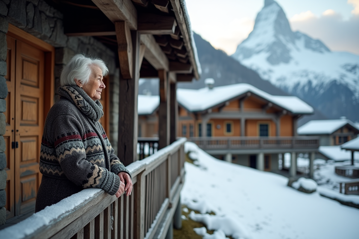 Femme âgée regarde depuis le porche d’un chalet à Zermatt