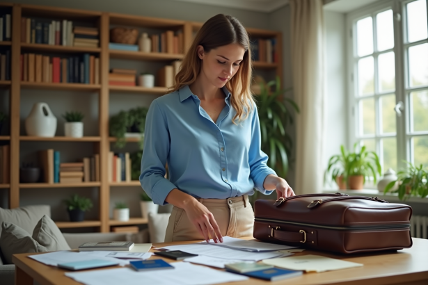 Jeune femme range ses documents de voyage dans une sacoche