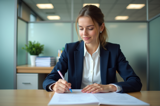 Jeune femme en blazer bleu remplissant formulaires de voyage