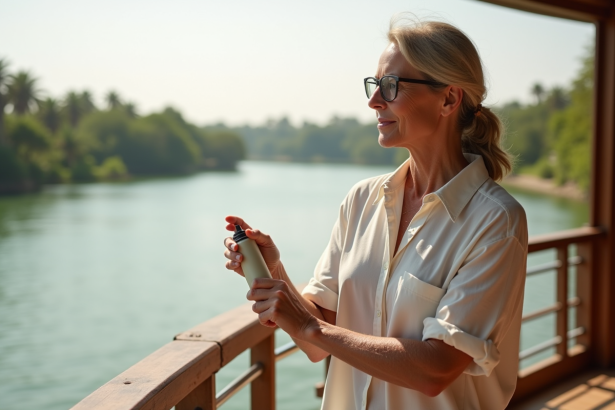 Femme appliquant répulsif moustiques sur le bras au bord du Nil