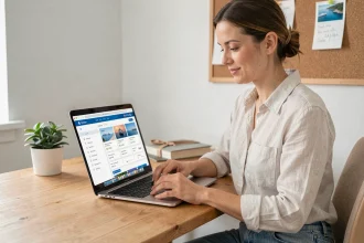 Femme consultant le site DirectFerry sur un ordinateur portable pour comparer les prix de traversées en ferry en 2026
