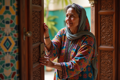 Femme marocaine en kaftan verrouillant une porte en bois