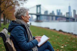 Femme assise sur un banc à Staten Island avec Manhattan en arrière-plan