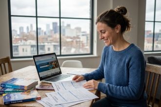 Femme souriante en appartement avec documents santé