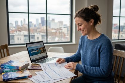 Femme souriante en appartement avec documents santé