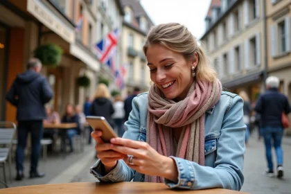 Femme souriante vérifiant les événements à Guérande