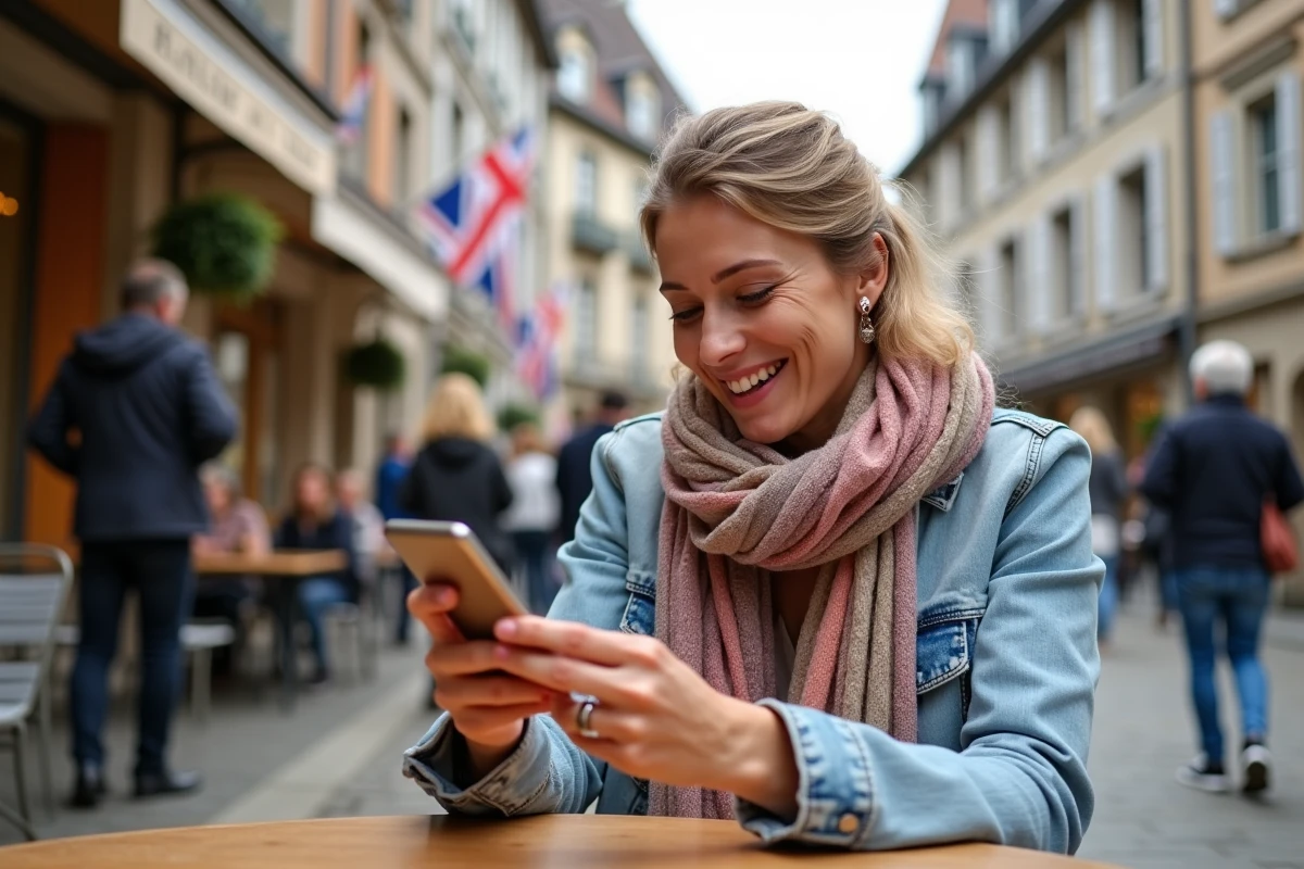Femme souriante vérifiant les événements à Guérande