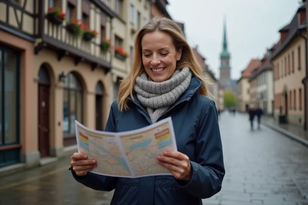 Femme souriante en imper navy à Strasbourg