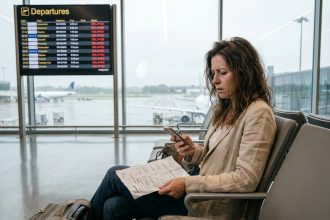 Femme stressée seule dans un aéroport étranger tenant des documents de voyage froissés sans assurance voyage