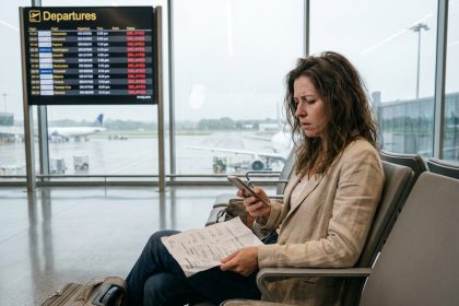 Femme stressée seule dans un aéroport étranger tenant des documents de voyage froissés sans assurance voyage