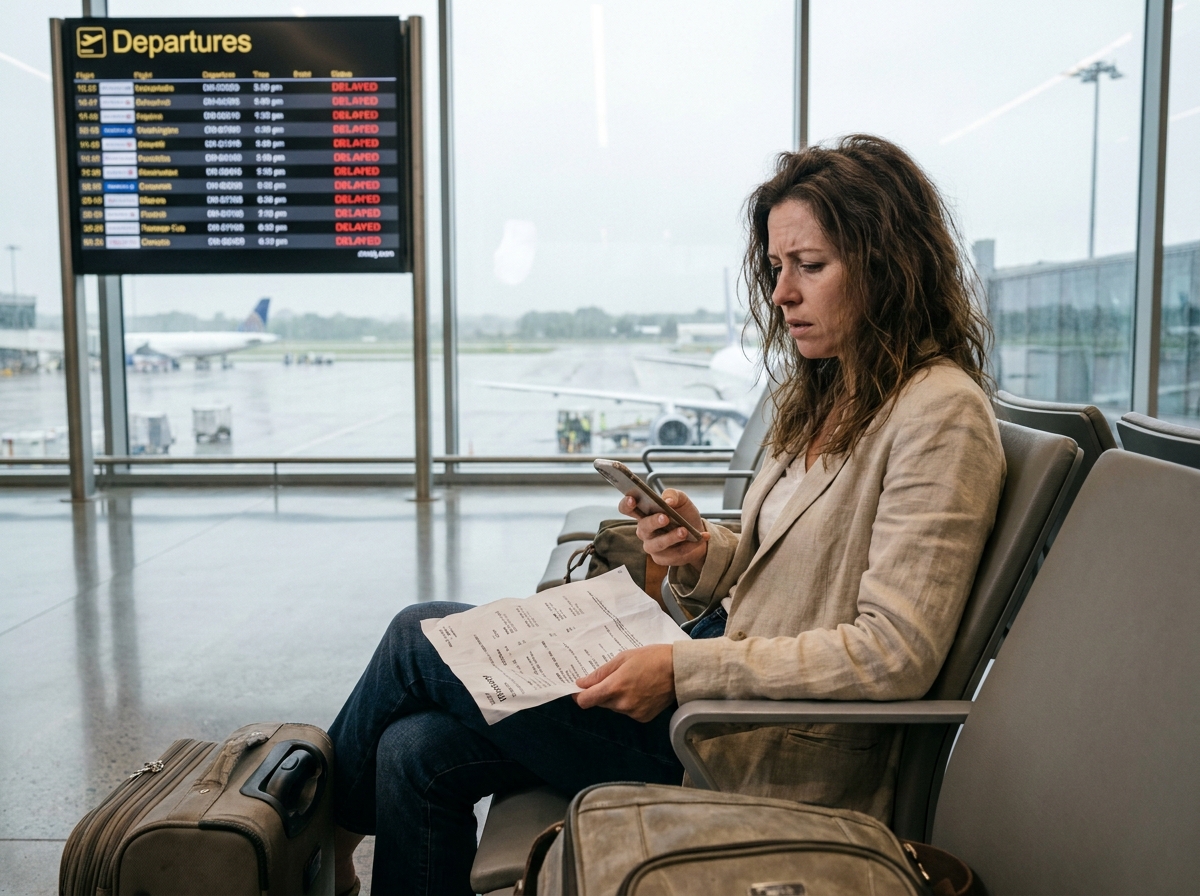 Femme stressée seule dans un aéroport étranger tenant des documents de voyage froissés sans assurance voyage