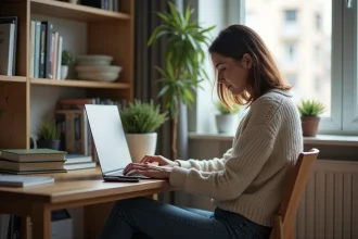 Jeune femme concentrée lisant un article sur son ordinateur à domicile