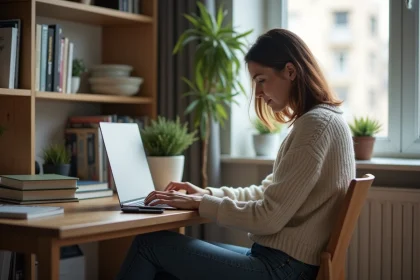 Jeune femme concentrée lisant un article sur son ordinateur à domicile