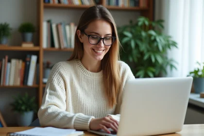 Jeune femme au bureau à domicile travaillant sur son ordinateur