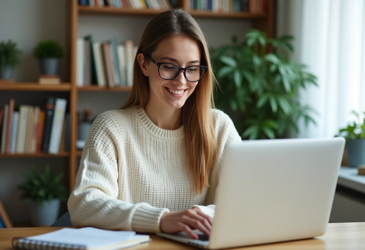 Jeune femme au bureau à domicile travaillant sur son ordinateur