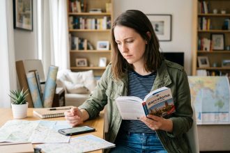 Jeune femme organisée à son bureau à la maison avec guide de voyage Barcelone
