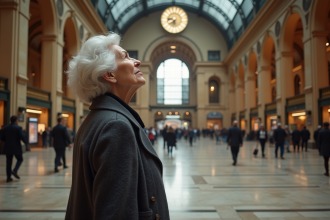 Femme âgée élégante dans une gare historique