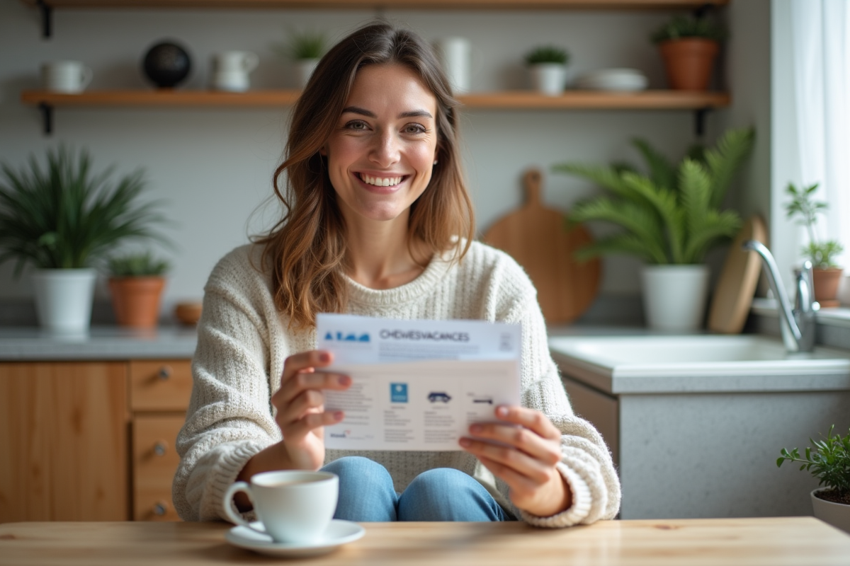 Femme souriante tenant des chèques vacances dans une cuisine moderne