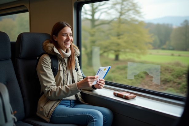 Femme souriante avec pass rail dans train moderne