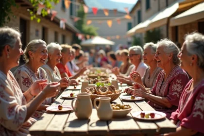 Femmes italiennes en costumes traditionnels lors d'une fête villageoise