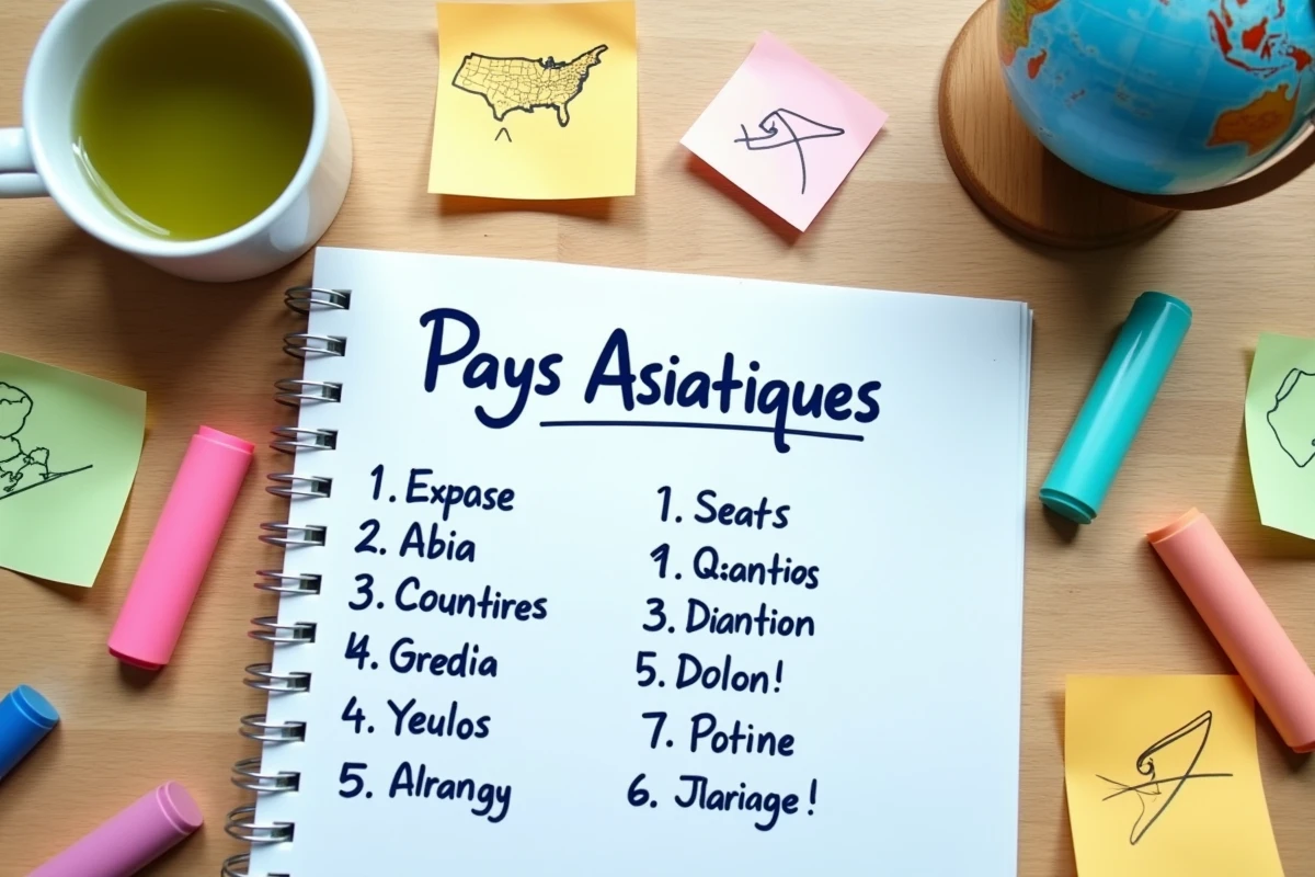 Fiche de révision manuscrite listant les pays asiatiques entourée de surligneurs et d'un globe terrestre sur un bureau en bois