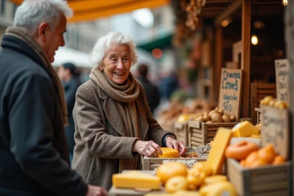 Femme âgée choisissant du fromage au marché en plein air