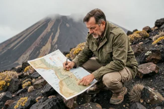 Géologue amateur analysant une carte des volcans d'Italie sur les pentes rocheuses de l'Etna
