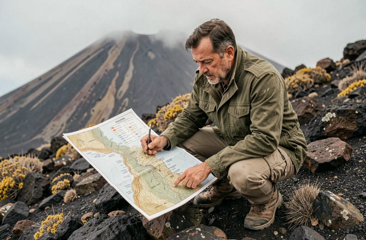 Géologue amateur analysant une carte des volcans d'Italie sur les pentes rocheuses de l'Etna