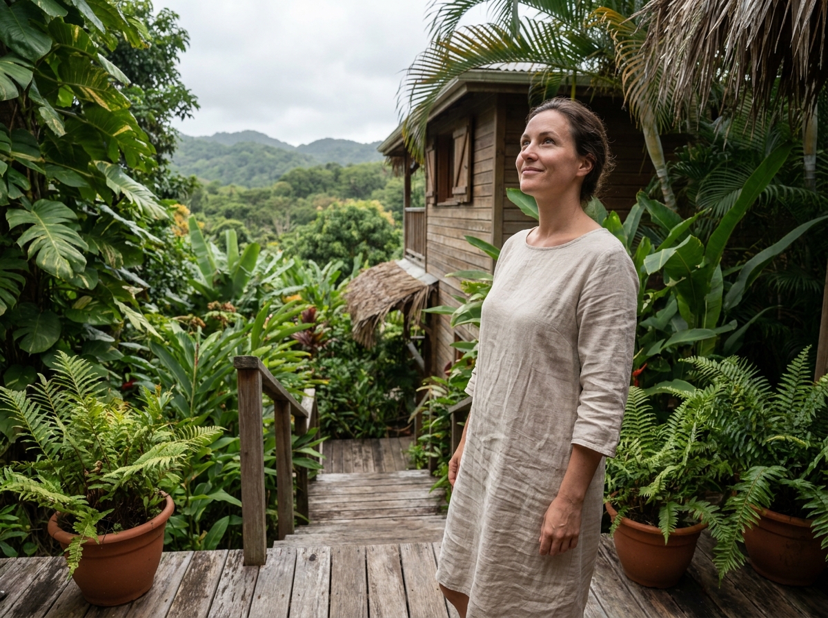 Femme en robe de lin sur la terrasse en bois d'un gîte écoresponsable entouré de végétation tropicale en Guadeloupe