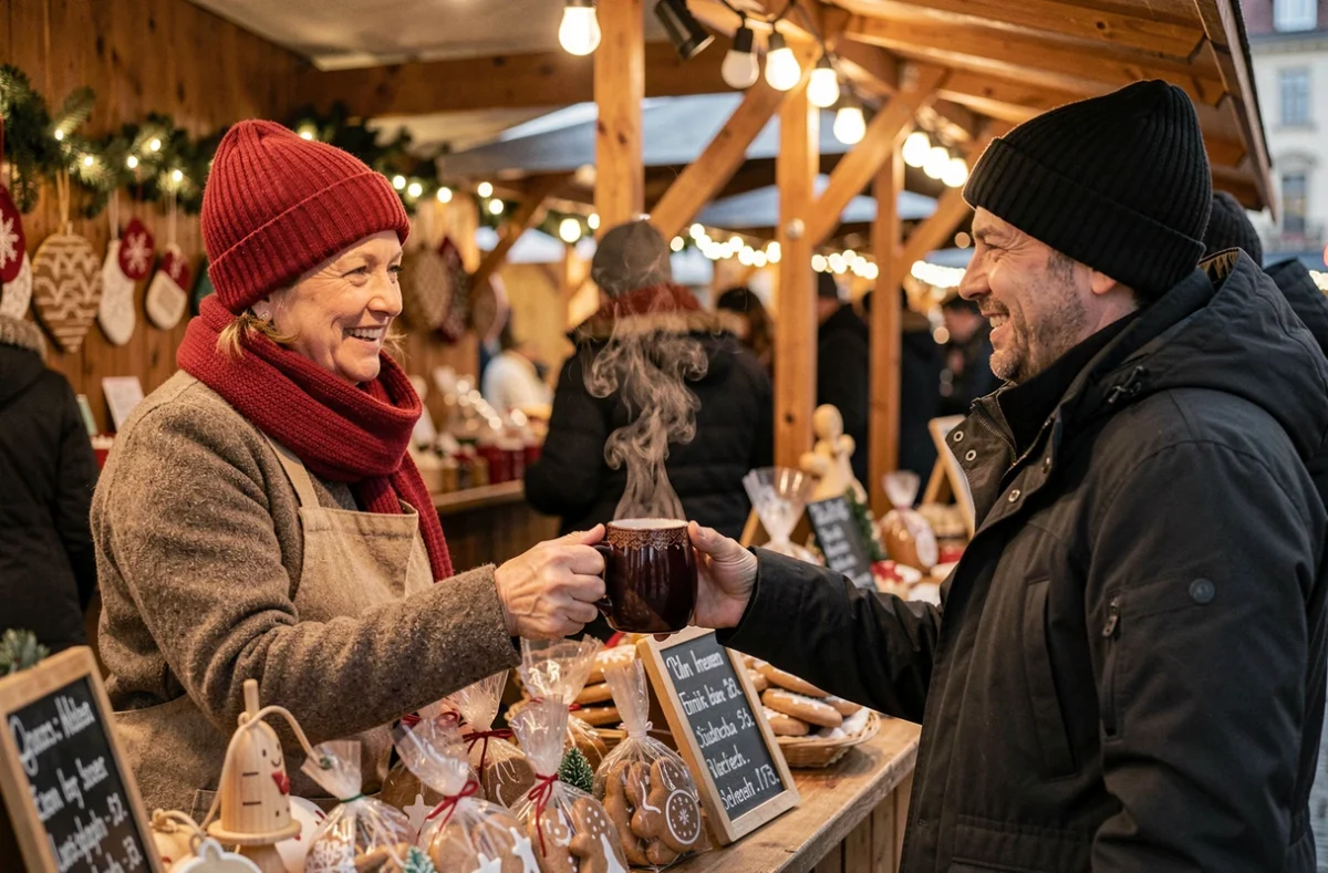 Vendeur de Glühwein au marché de Noël de Speyer tendant une tasse fumante à un client en manteau d'hiver