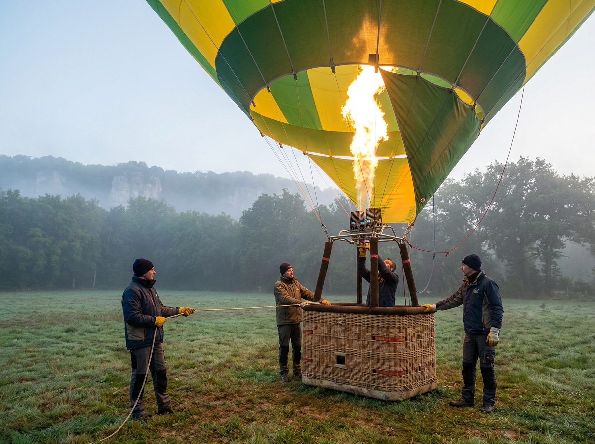 Équipe au sol gonflant une montgolfière à l'aube dans un champ brumeux du Périgord Noir en Dordogne