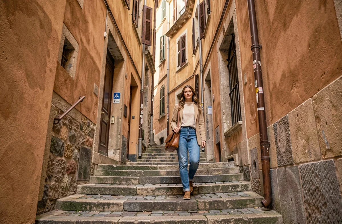 Ruelle pavée du Gourguillon à Lyon avec femme remontant les escaliers en pierre et façades ocre