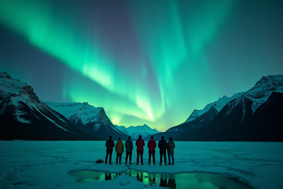 Groupe de personnes regardant les aurores sur un lac gelé la nuit