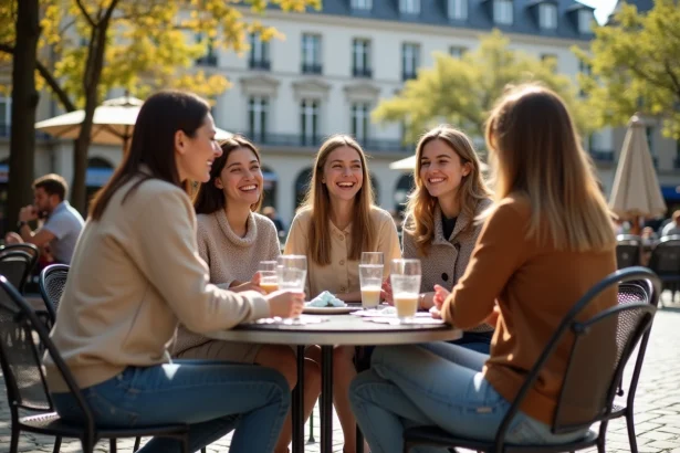 Groupe de jeunes adultes riant au café à Paris