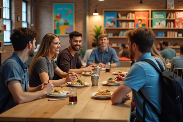 Jeunes adultes partageant un repas dans un espace convivial de hostel