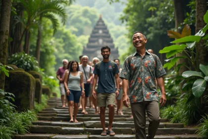 Guide balinais guidant touristes dans la forêt tropicale