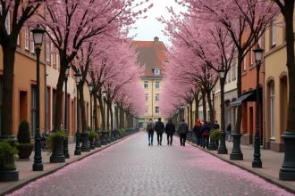 Rue pavée de l'Altstadt de Heidelberg au printemps avec des cerisiers en fleurs et des promeneurs