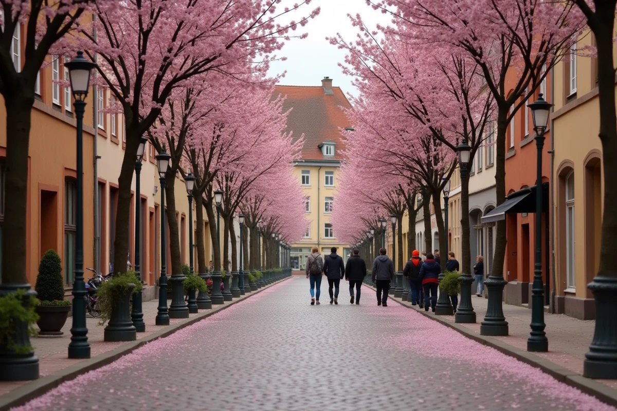 Rue pavée de l'Altstadt de Heidelberg au printemps avec des cerisiers en fleurs et des promeneurs
