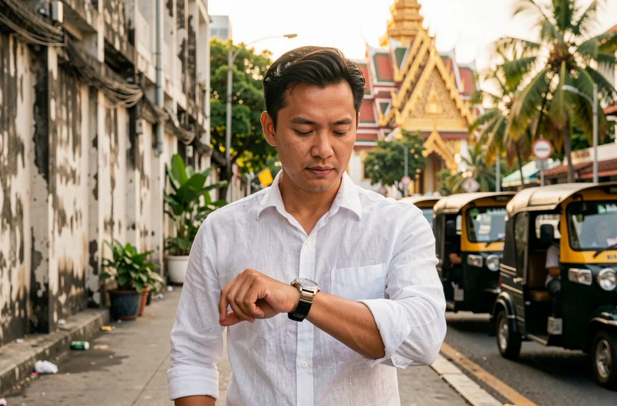 Homme thaïlandais consultant sa montre dans les rues de Bangkok avec architecture traditionnelle en arrière-plan
