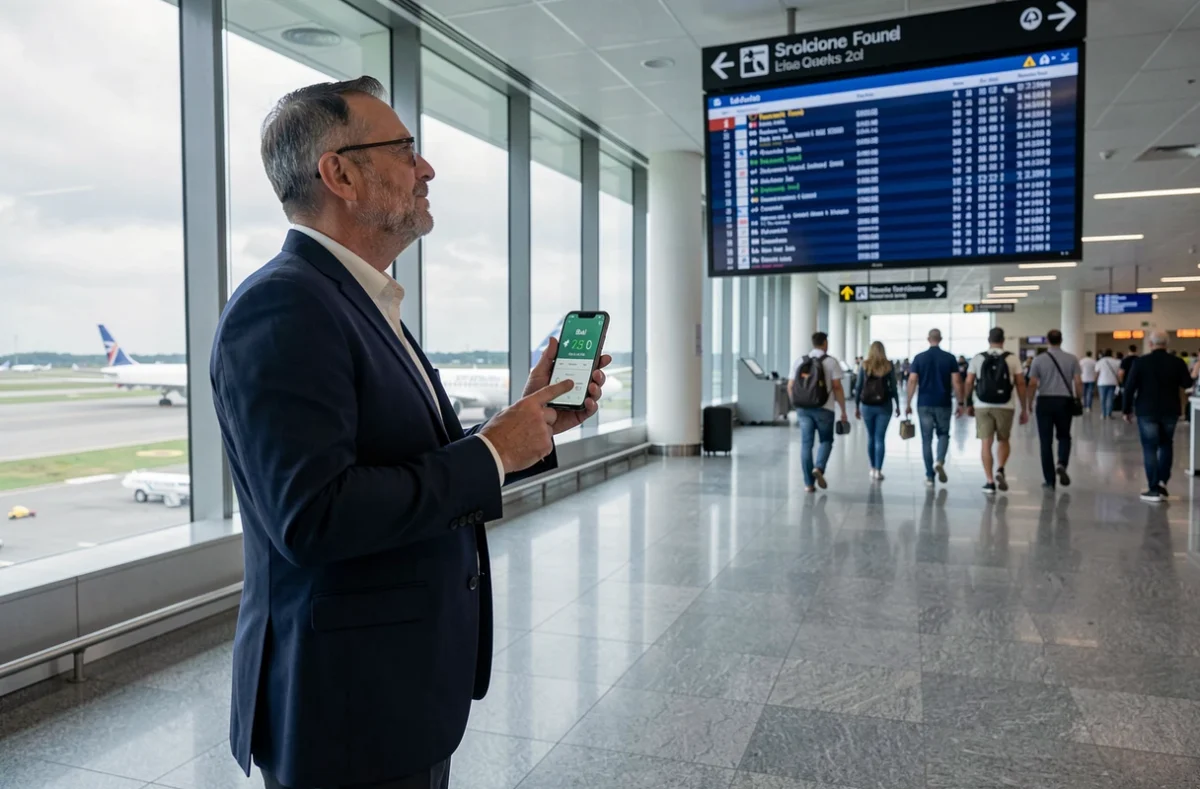 Voyageur consultant l'heure de Bali sur son smartphone dans un terminal d'aéroport international avant un départ