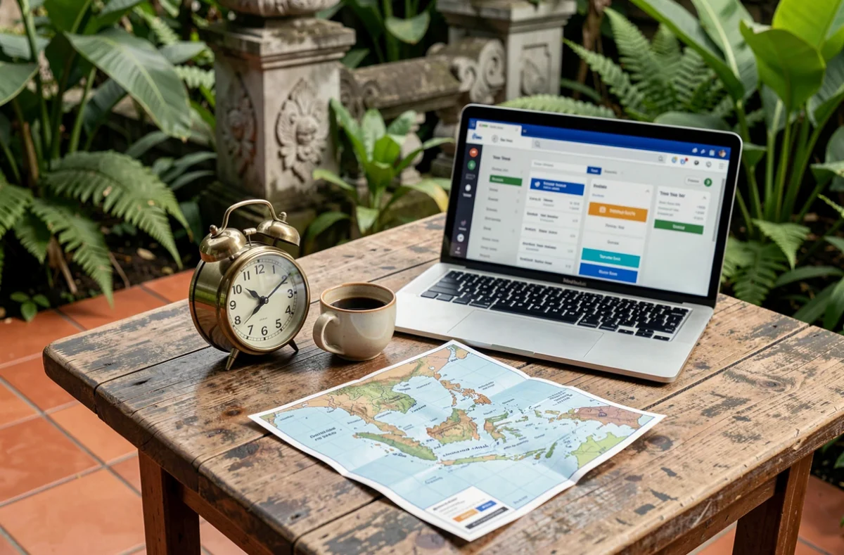 Horloge de voyage et carte de l'Indonésie sur une table de café balinais illustrant le calcul de l'heure locale à Bali
