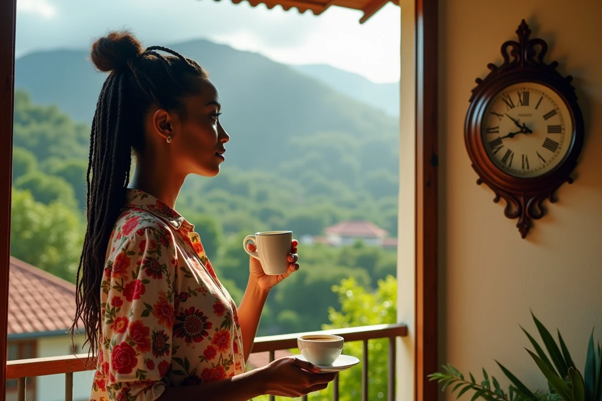 Femme réunionnaise sur un balcon tropical regardant l'heure avec vue sur les collines de La Réunion