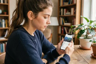 Jeune femme française consultant l'heure en Thaïlande sur son smartphone depuis un appartement parisien