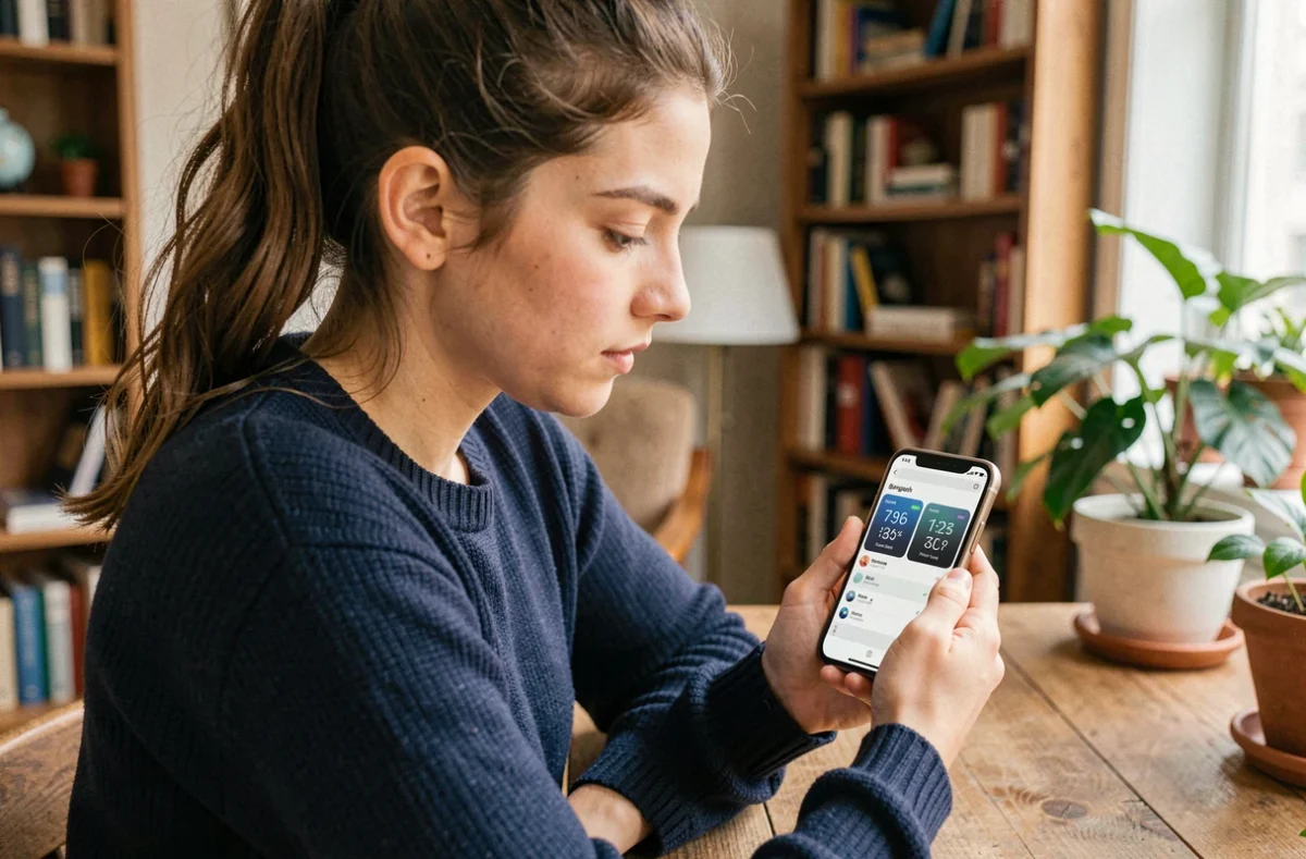 Jeune femme française consultant l'heure en Thaïlande sur son smartphone depuis un appartement parisien