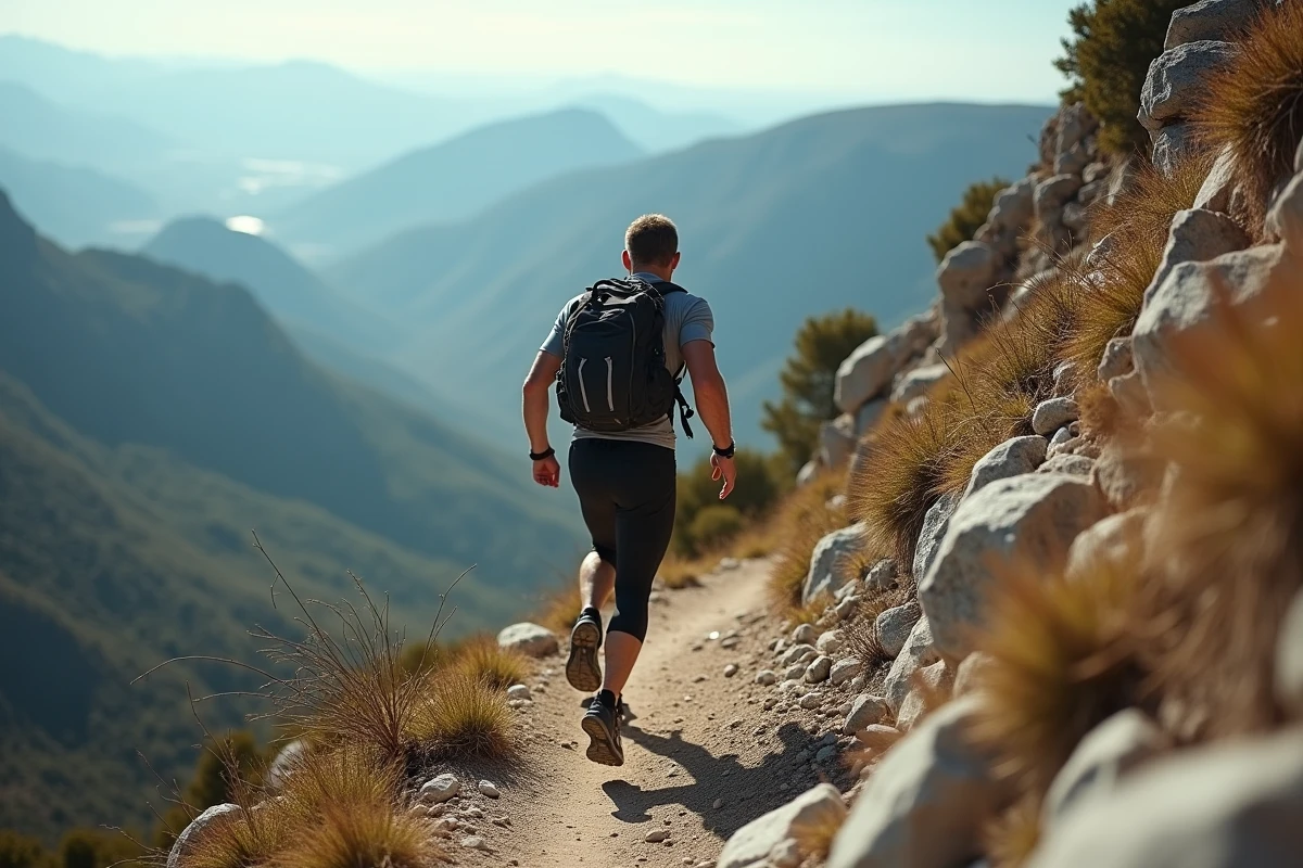 Homme randonneur en montée sur le GR20 en Corse
