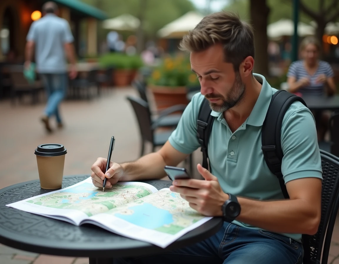 Homme annotant un plan PDF d'Eurodisney imprimé à la terrasse d'un café du parc pour optimiser son parcours