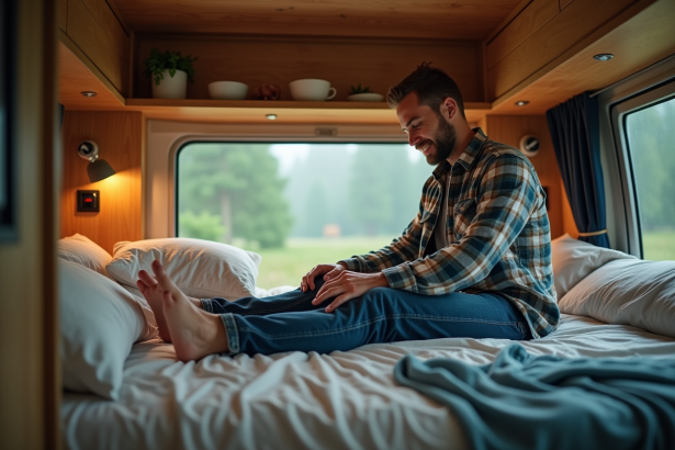 Homme d'âge moyen dans un van moderne au réveil