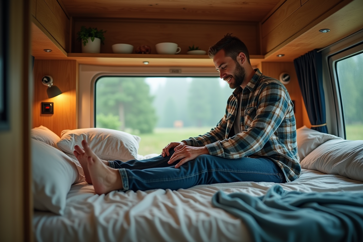 Homme d'âge moyen dans un van moderne au réveil